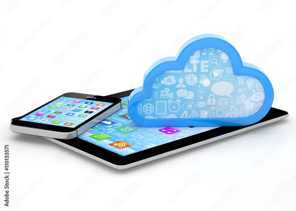 tablet pc, smart phone and cloud. 3d rendering. tablet pc, smart phone and cloud. 3d rendering.