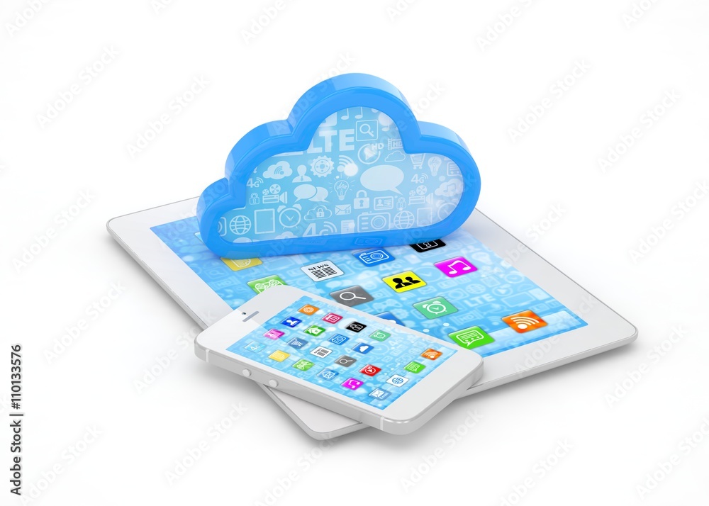 tablet pc, smart phone and cloud. 3d rendering. tablet pc, smart phone and cloud. 3d rendering.