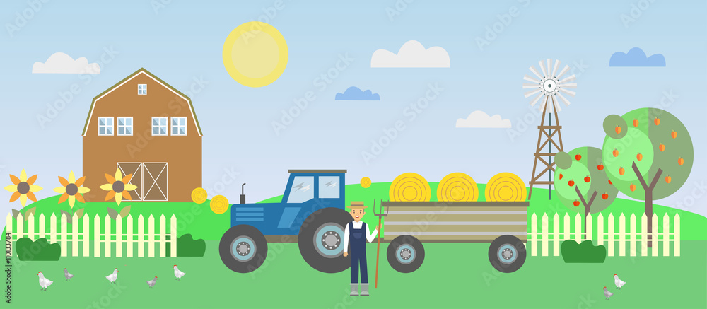 A farmer with a tractor on the farm background. Vector illustration.