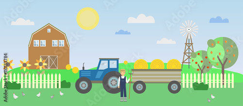 A farmer with a tractor on the farm background. Vector illustration.
