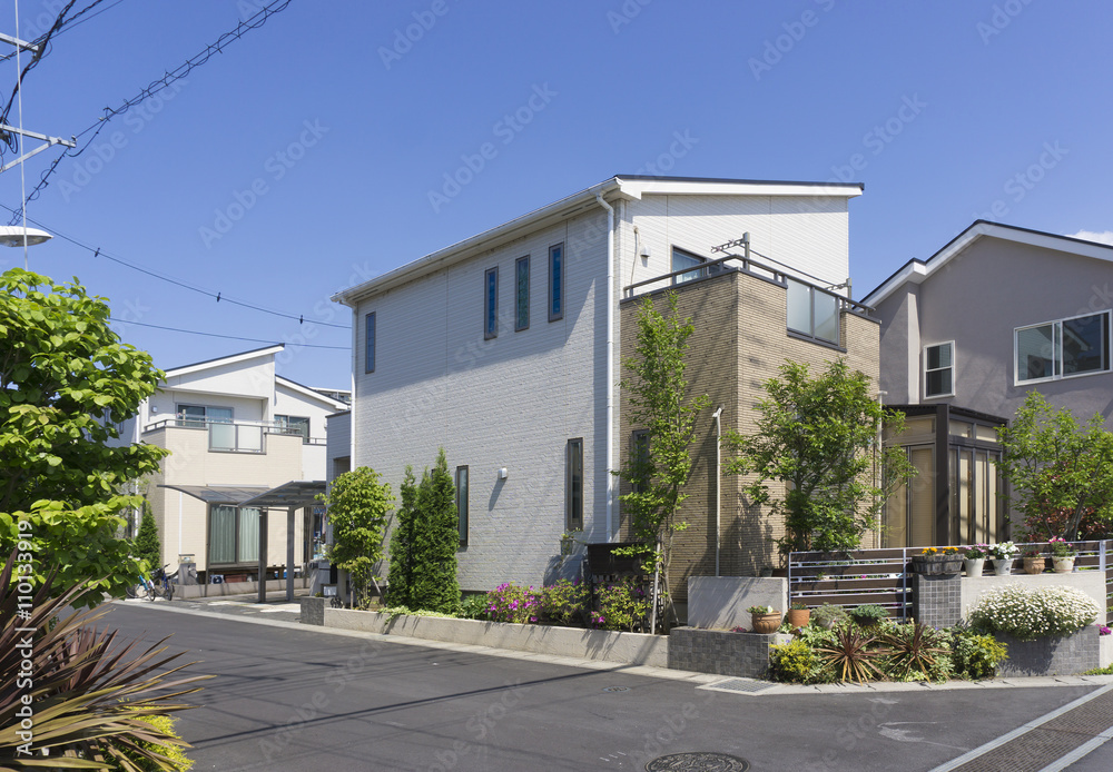 住宅　新築住宅街　街並　イメージ　青空　2トーンのサイディング　植栽