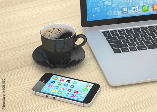 Laptop smartphone and coffee cup on wood. 3d rendering.