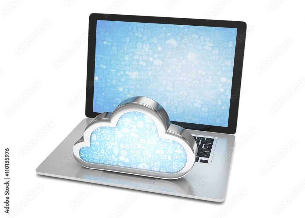 Laptop with cloud computing symbol on keyboard. 3d render Laptop with cloud computing symbol on keyboard. 3d render