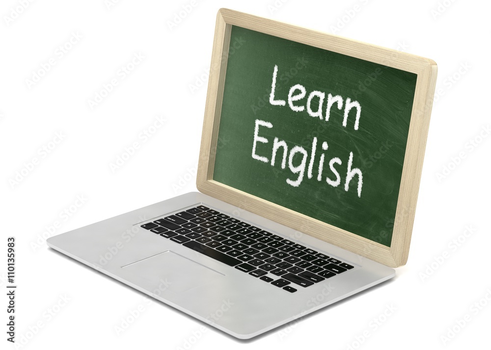 Laptop with chalkboard, learn english, online education concept. 3d rendering. Laptop with chalkboard, learn english, online education concept. 3d rendering.