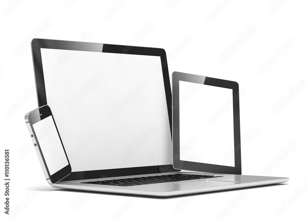 laptop, tablet, phone, on white. 3d rendering. laptop, tablet, phone, on white. 3d rendering.