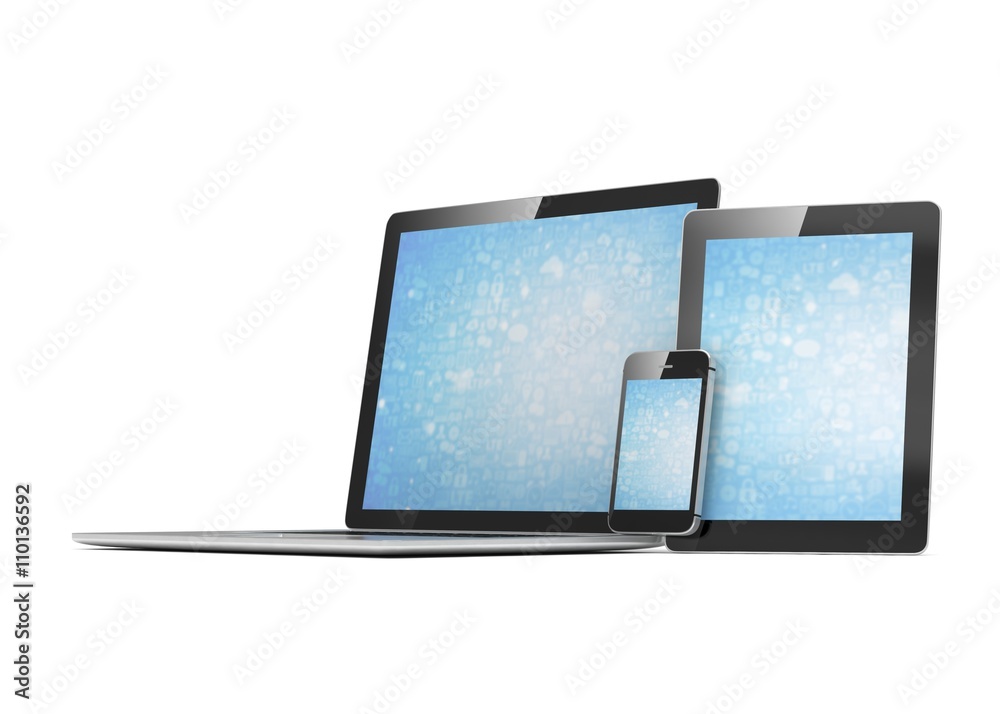 laptop, tablet, phone, on white. 3d rendering. laptop, tablet, phone, on white. 3d rendering.
