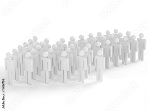 Many 3d people figure in arrow shape with the leader in front. 3d rendering.