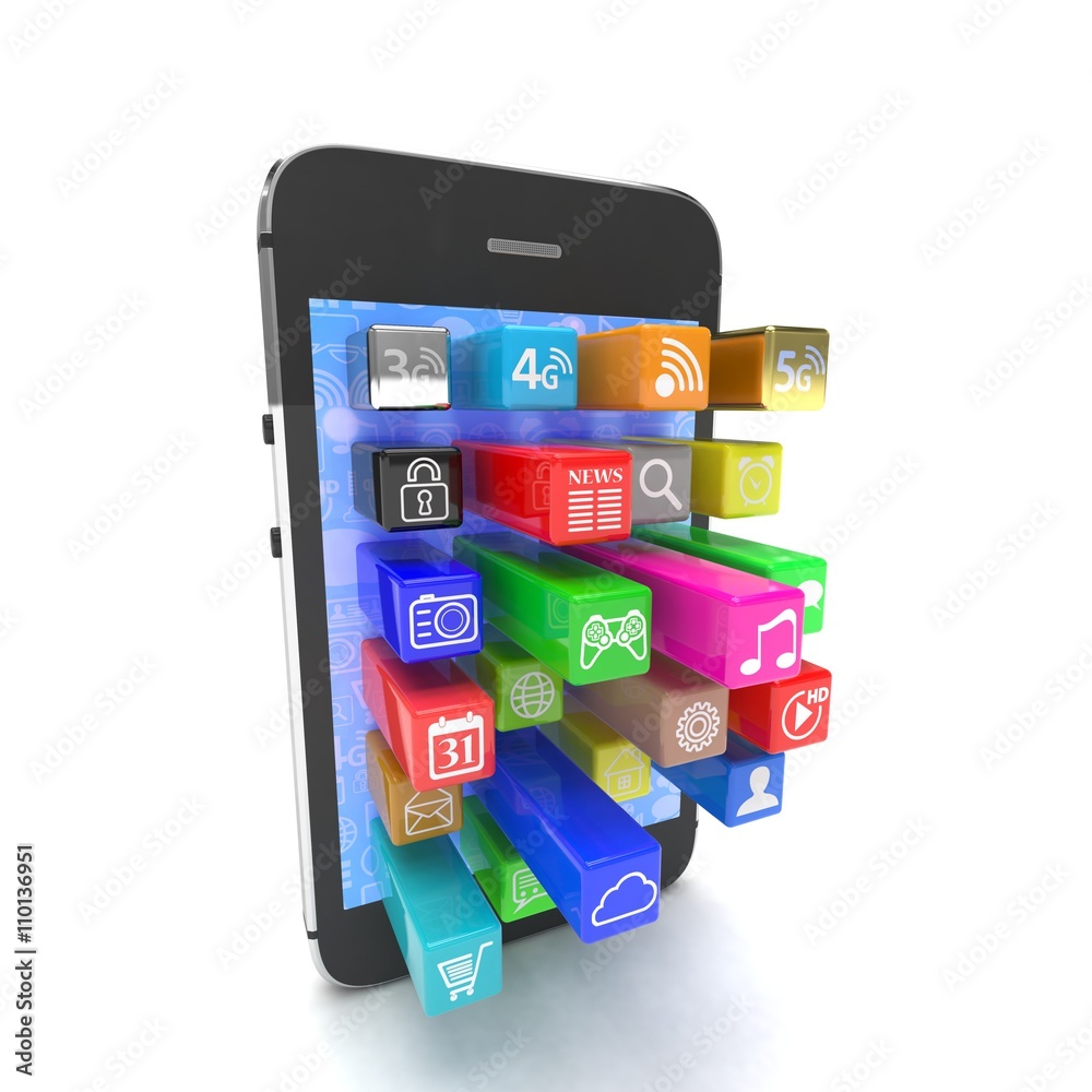 application software icons extruding from smartphone, isolated on white. 3d rendering. application software icons extruding from smartphone, isolated on white. 3d rendering.