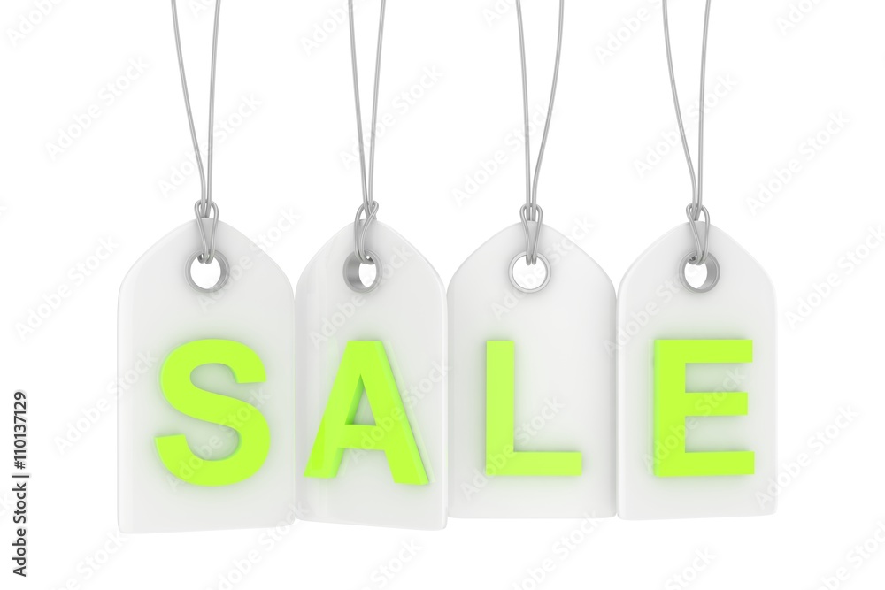 Colorful isolated sale labels on white background. Price tags. Special offer and promotion. Store discount. Shopping time. Green letters on white labels. 3D rendering. Colorful isolated sale labels on white background. Price tags. Special offer and promotion. Store discount. Shopping time. Green letters on white labels. 3D rendering.