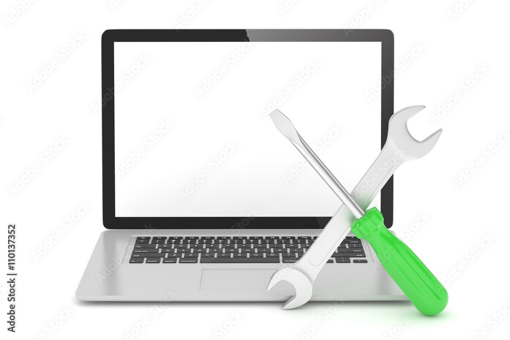 3D Illustration Wrench and screwdriver on laptop, service concept