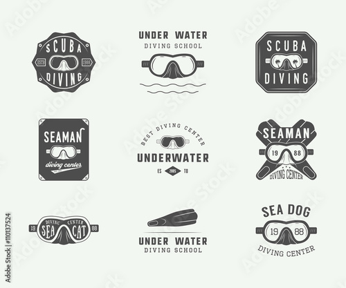Set of vintage scuba diving logos, labels, badges and emblems.