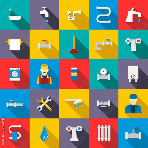 Plumbing icons set, flat style