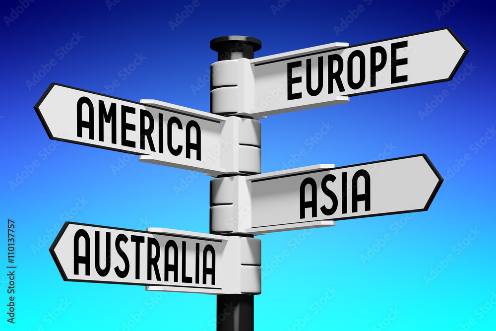 Obraz premium Signpost with four arrows - continents