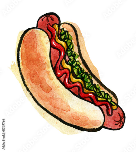 Hot Dog with mustard, ketchup and green relish isolated on white background