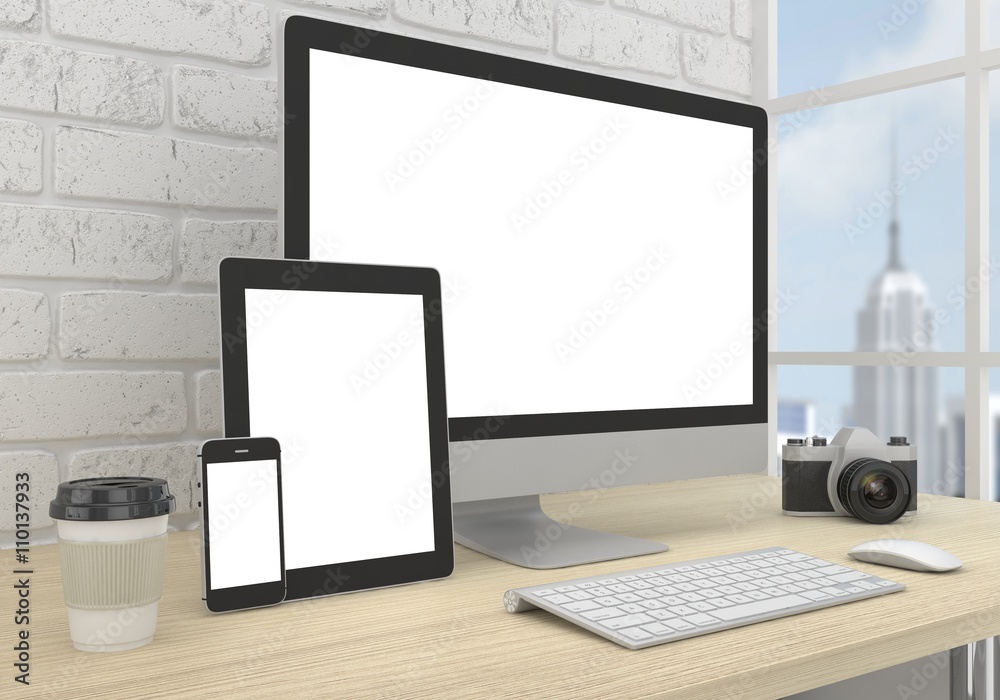 Fototapeta premium Responsive mockup screen. Monitor, tablet, phone on table in office. 3d rendering.