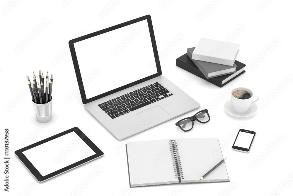 Responsive mockup screens. Laptop, tablet, phone on table. 3d rendering. Responsive mockup screens. Laptop, tablet, phone on table. 3d rendering.