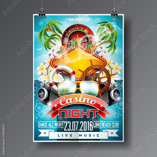 Vector Party Flyer design on a Casino theme with roulette wheel and summer elements on ocean landscape background