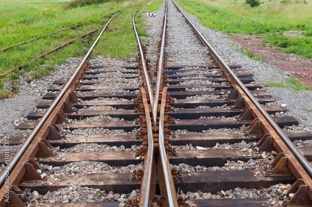 Railway tracks with railroad switch in a rural scene