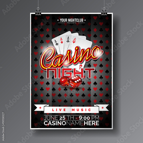 Vector Party Flyer design on a Casino theme with game cards and dices on dark background.