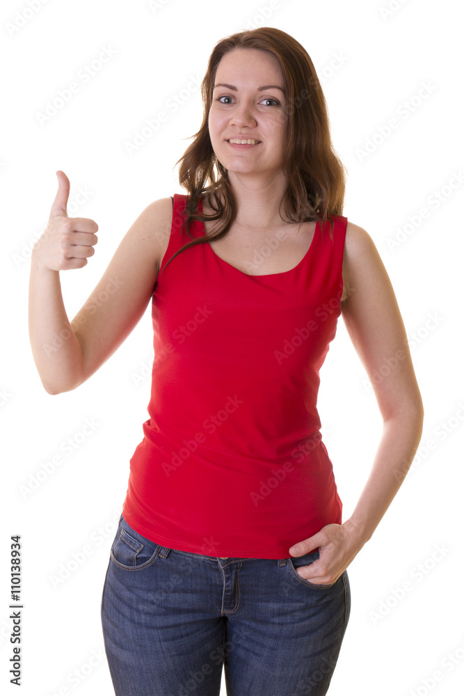 beautiful girl shows a finger on a white background in Studio beautiful girl shows a finger on a white background in Studio