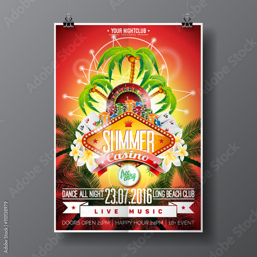 Vector Party Flyer design on a Casino theme with roulette wheel and game cards on palm background.