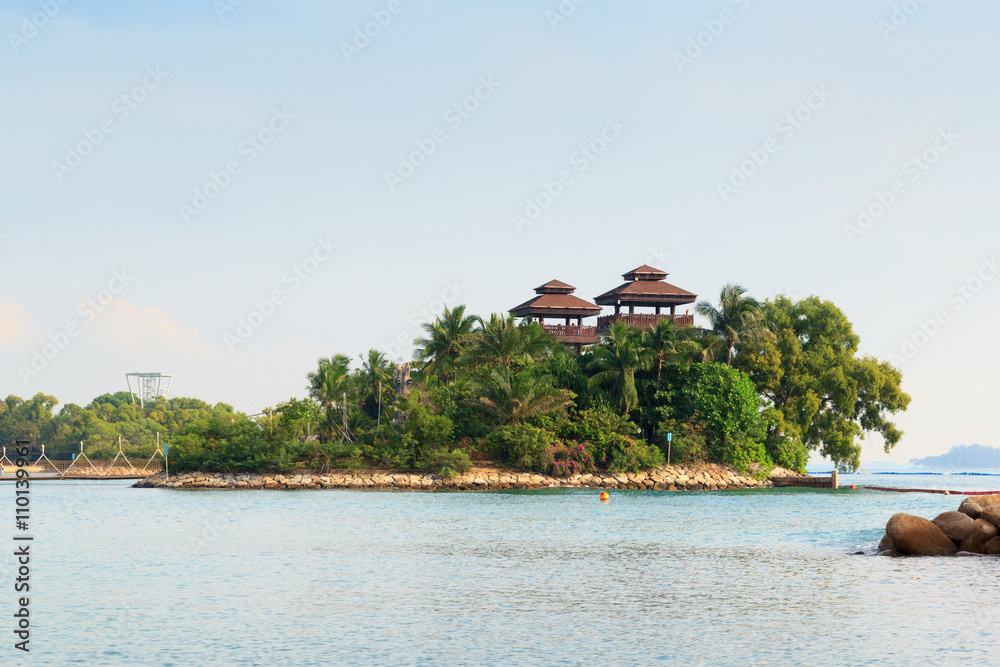 Fototapeta premium Viewing towers at Palawan Beach - Southernmost Point of Continental Asia, Sentosa Island, Singapore