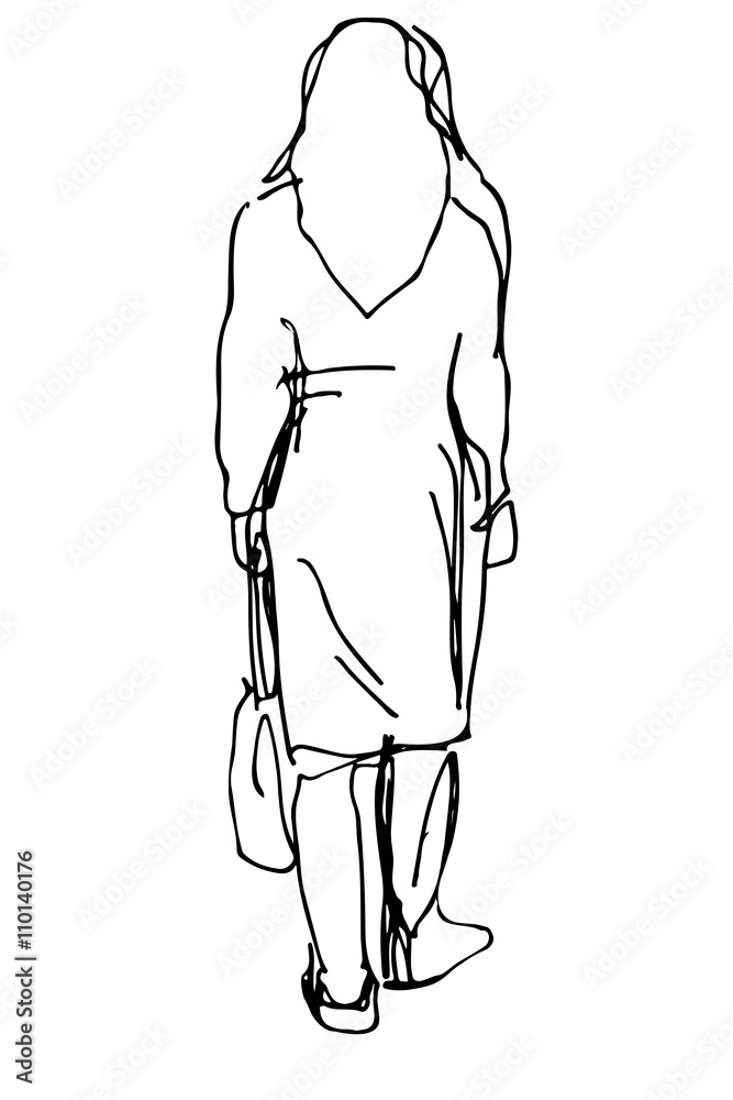 vector sketch of a woman with a bag of leaves vector sketch of a woman with a bag of leaves