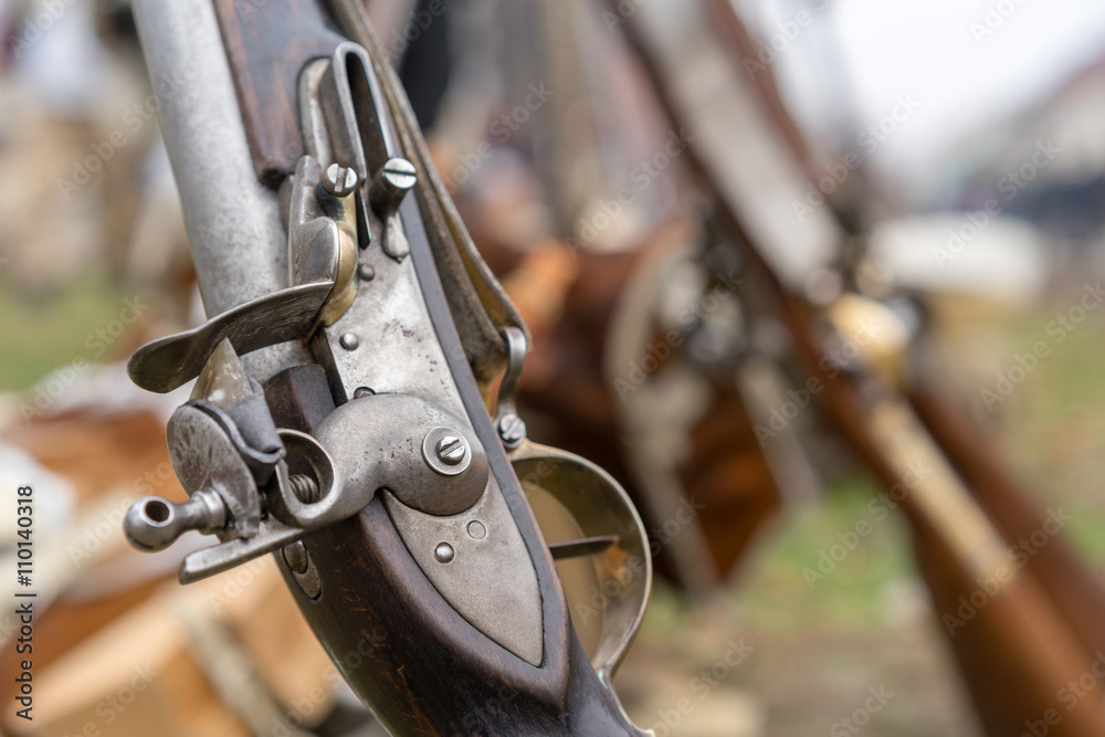Reenactment of the Battle of the Three Emperors (Battle of Austerlitz) in 1805. Detail of a rifle. Reenactment of the Battle of the Three Emperors (Battle of Austerlitz) in 1805. Detail of a rifle.