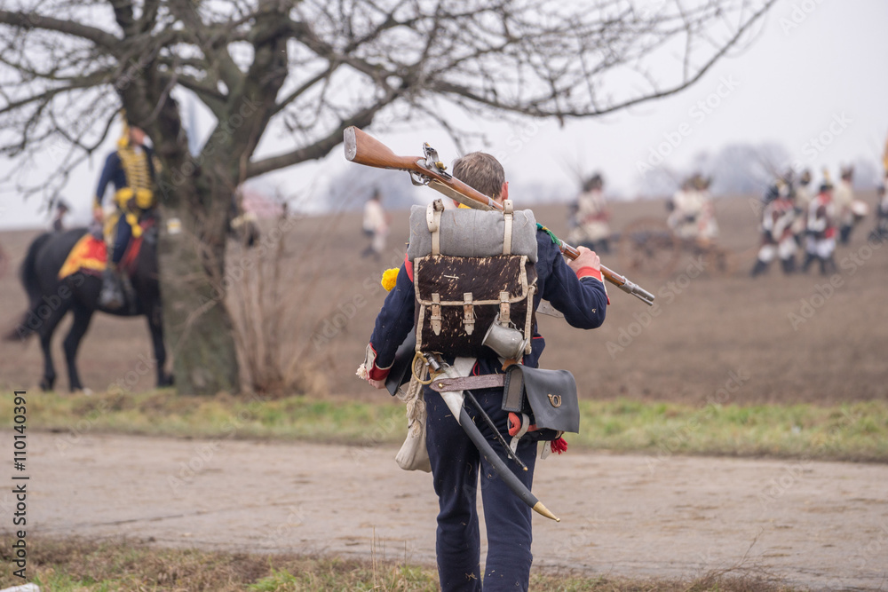 French soldier at reenactment of the Battle of the Three Emperors (Battle of Austerlitz) in 1805.