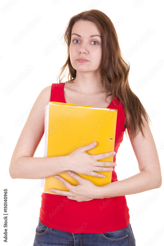 beautiful girl with folder of documents isolated on white background in Studio beautiful girl with folder of documents isolated on white background in Studio