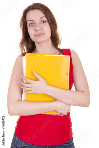 beautiful girl with folder of documents isolated on white background in Studio