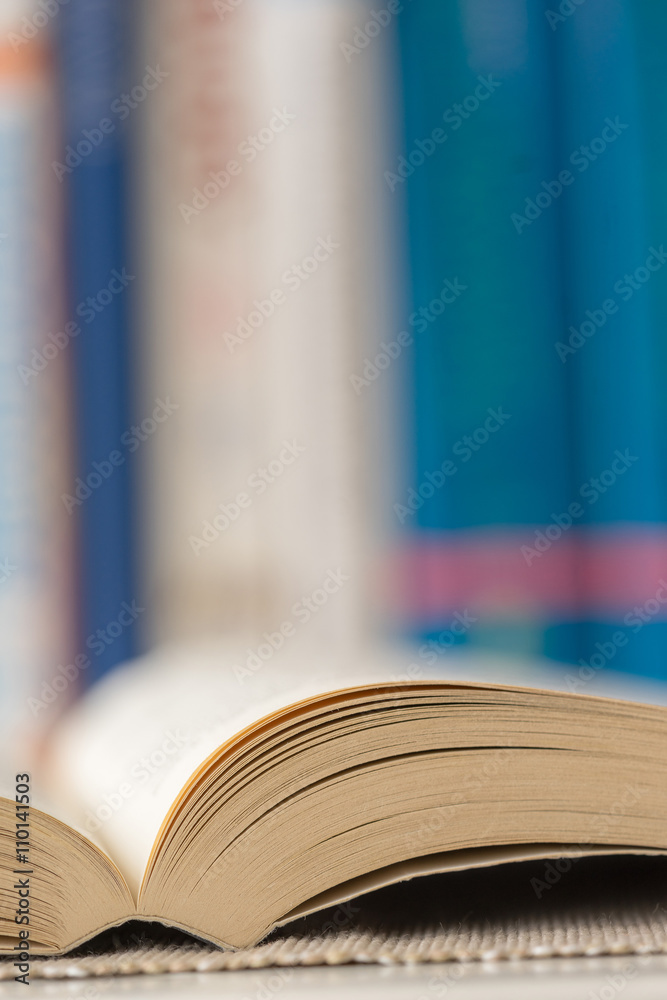 Obraz premium Detail view of open book in library. Shallow depth of field. Vertical shot.
