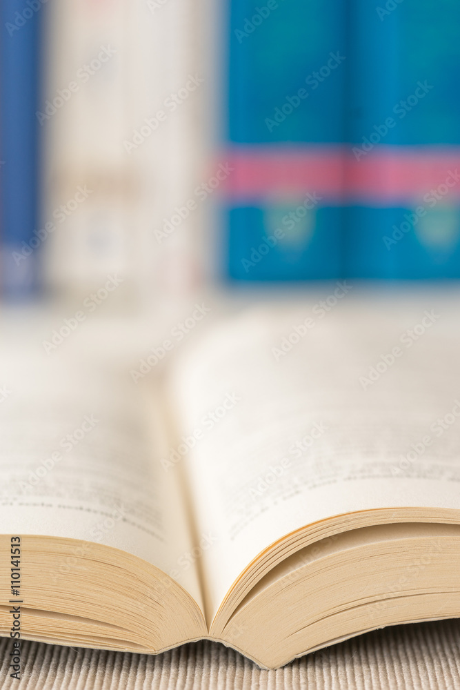 Obraz premium Detail view of open book in library. Shallow depth of field. Vertical shot.