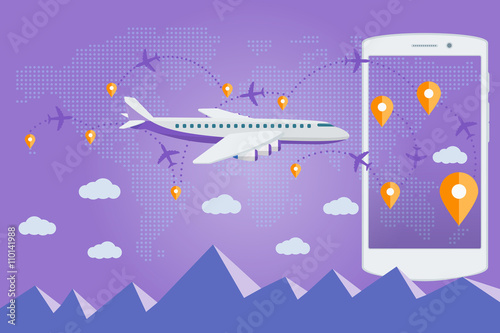 Flat vector web banner on the theme of travel by airplane, vacation, adventure