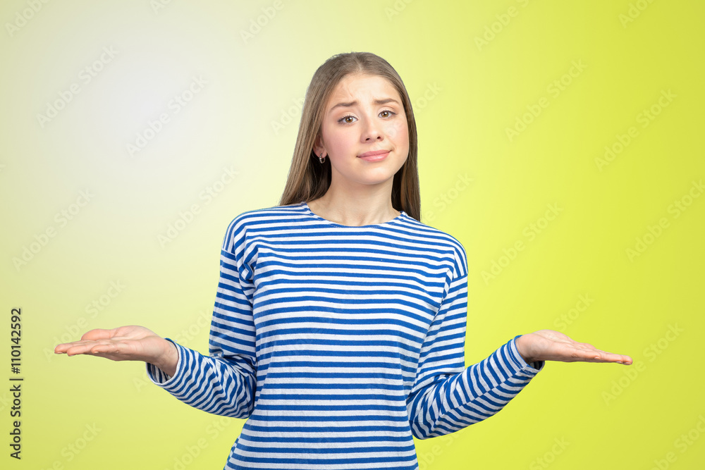 surprised caucasian girl making do not know sign surprised caucasian girl making do not know sign