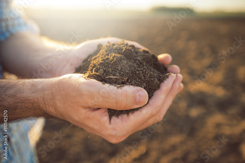 Handful of arable soil in hands of responsible farmer