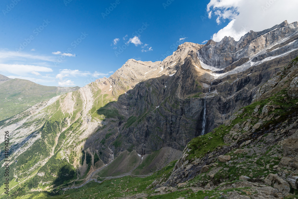 Scenic view of famous Cirque de Gavarnie with Gavarnie Fall in Pyrenees National Park.
