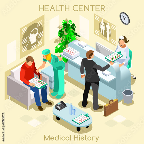 Clinic patient medical history waiting room before medical visit. Hospital clinic reception patients waiting medical consult. Healthcare 3D flat isometric people collection.