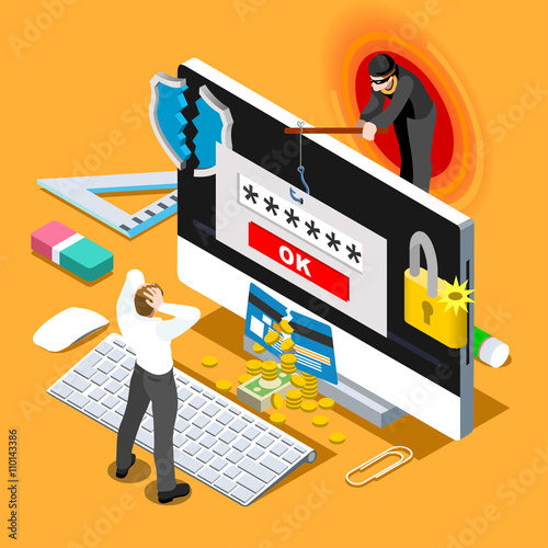 Computer infection infographic 3D flat isometric people design concept. Hacker spam phishing attack risk threats for computer systems