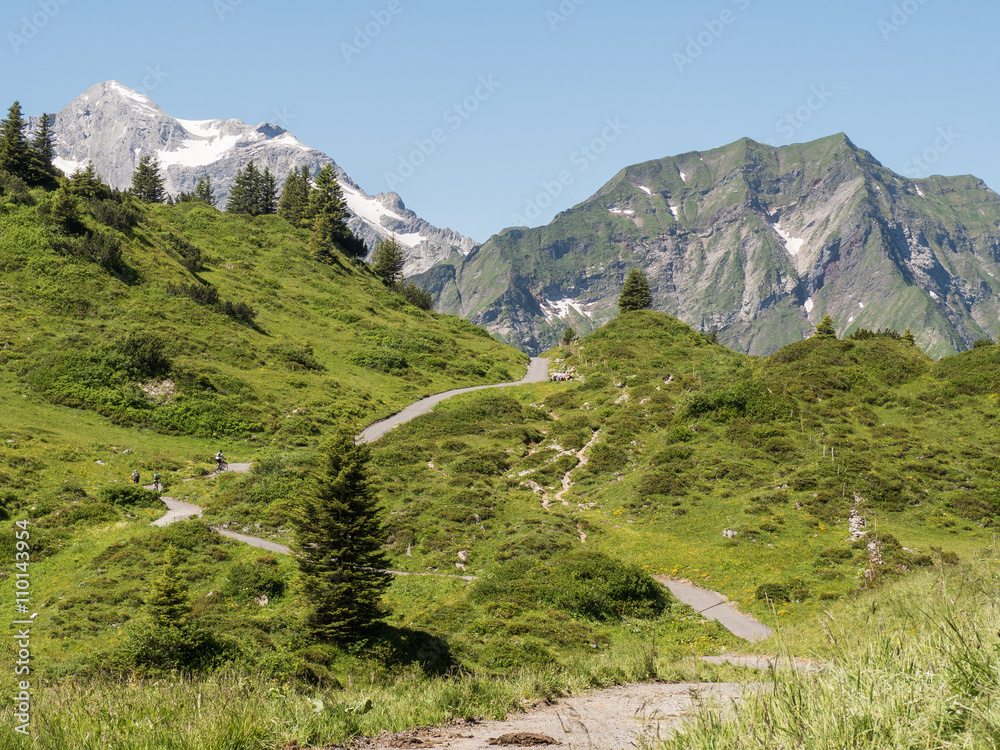 A view of Alpine mountains surrounding the village Schroecken in Bregenzerwald, region Vorarlberg, Austria
