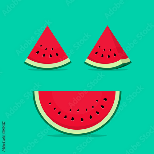 Watermelon slices vector illustration isolated on green, big watermelon half slice with seeds and small watermelon slices icons set with shadow