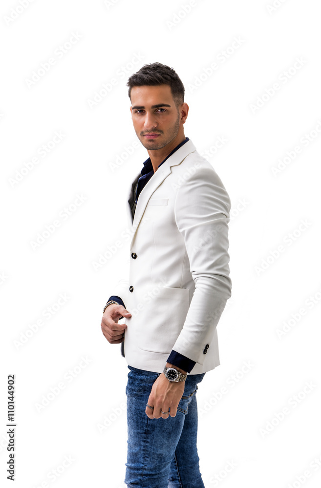 Fototapeta premium Young smiling man in blue shirt and white jacket