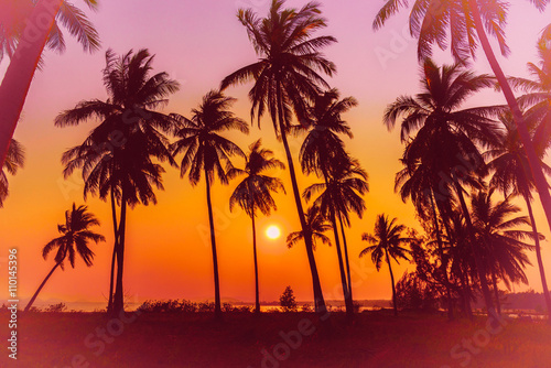 Silhouette coconut palm trees on beach at sunset. Vintage tone.