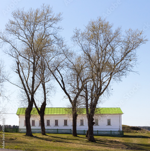 white house with a green roof for big trees