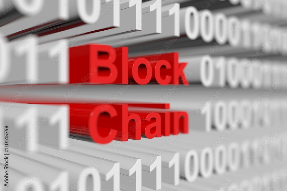 Block chain as a binary code with blurred background 3D illustration