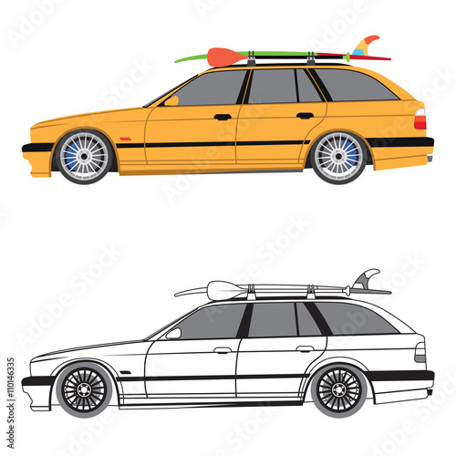 Flat design turing car with surfboard and paddle on the roof, color and outline, isolated