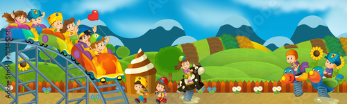 Fototapeta Naklejka Na Ścianę i Meble -  Cartoon scene of kids playing in the funfair - illustration for children