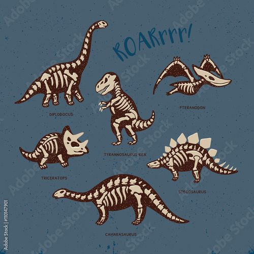Adorable card with funny dinosaur skeletons in cartoon style