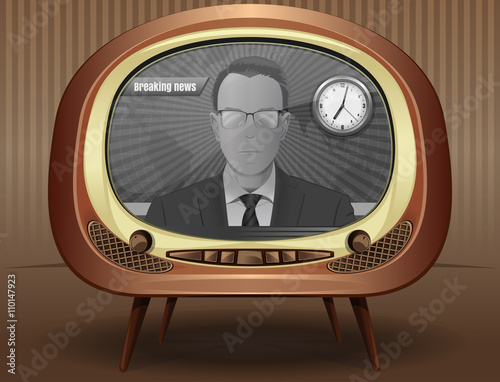 News presenter (newscaster, news announcer) in black and white vintage TV. Breaking News on a vintage TV. Vector illustration in retro style