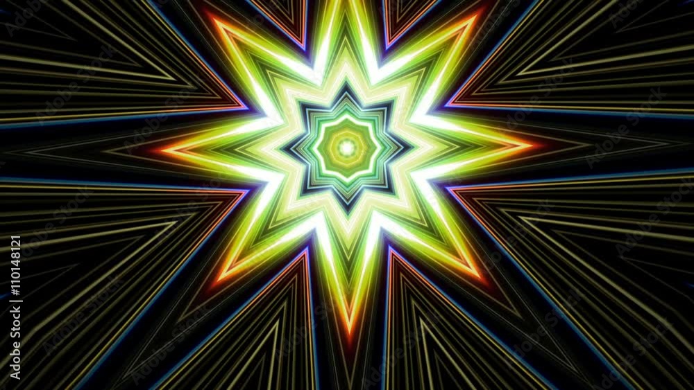 iseño fractal caleidoscopico de estrella de colores con resplandor o fulgor de rayos
